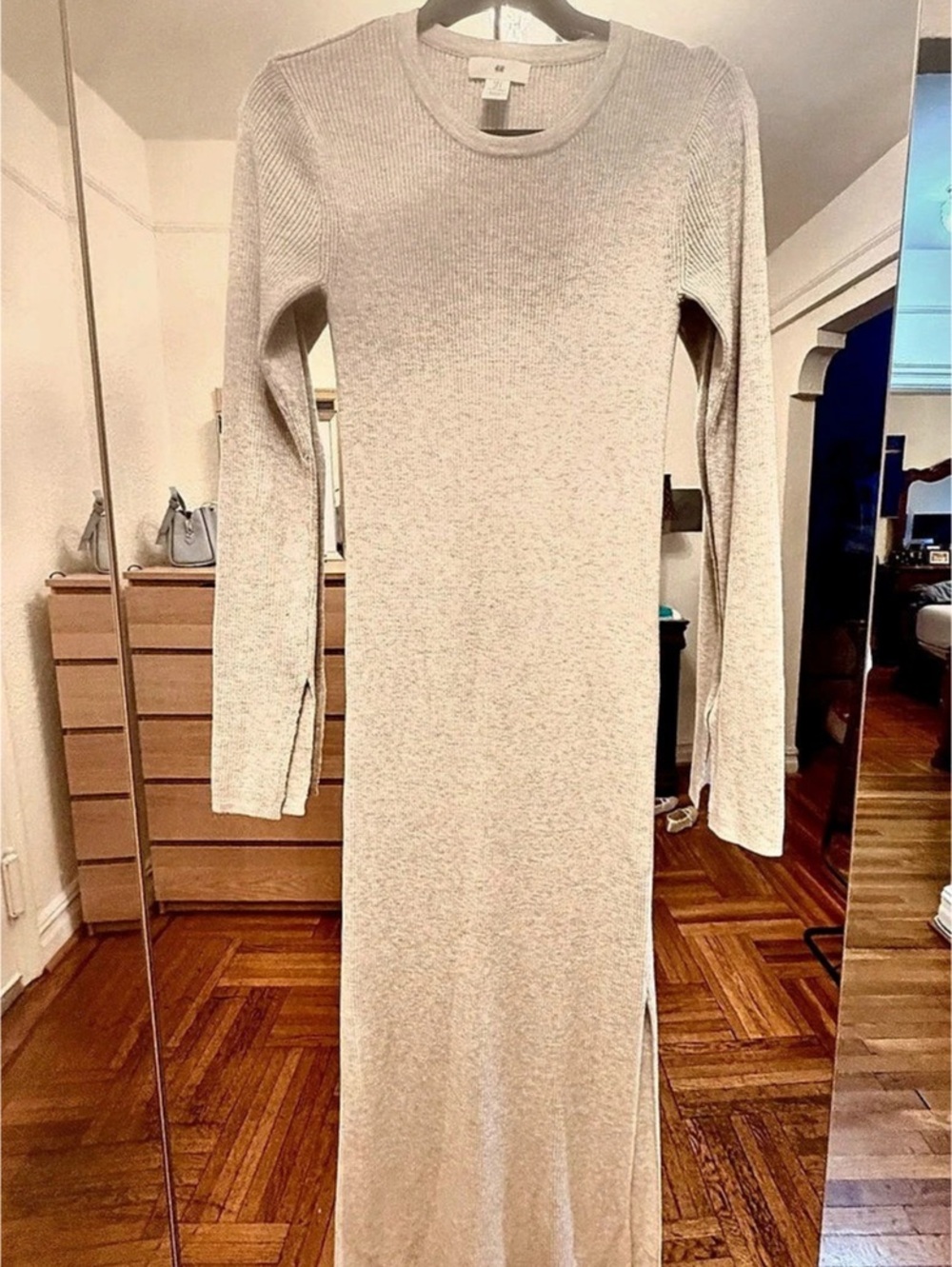 H&M Rib-knit Long Sleeve Dress with Side Slit Cream Small